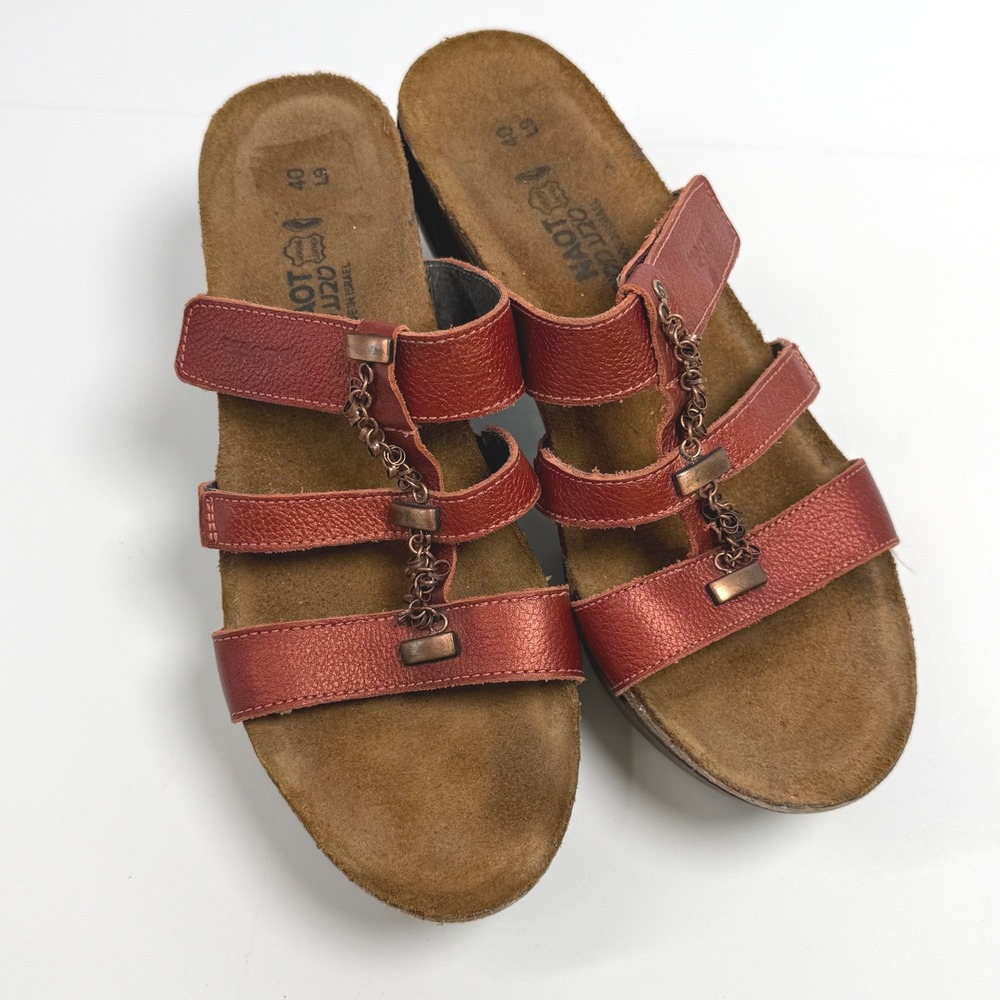 Naot Womens Brick Metallic Red Leather Multi Strap Chain Sandals Size 40 L9 Heel